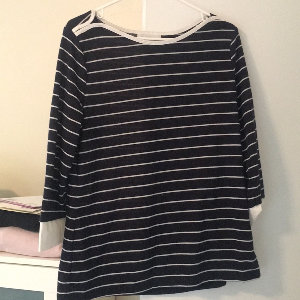 Navy blue with white pin stripe boatneck sweater